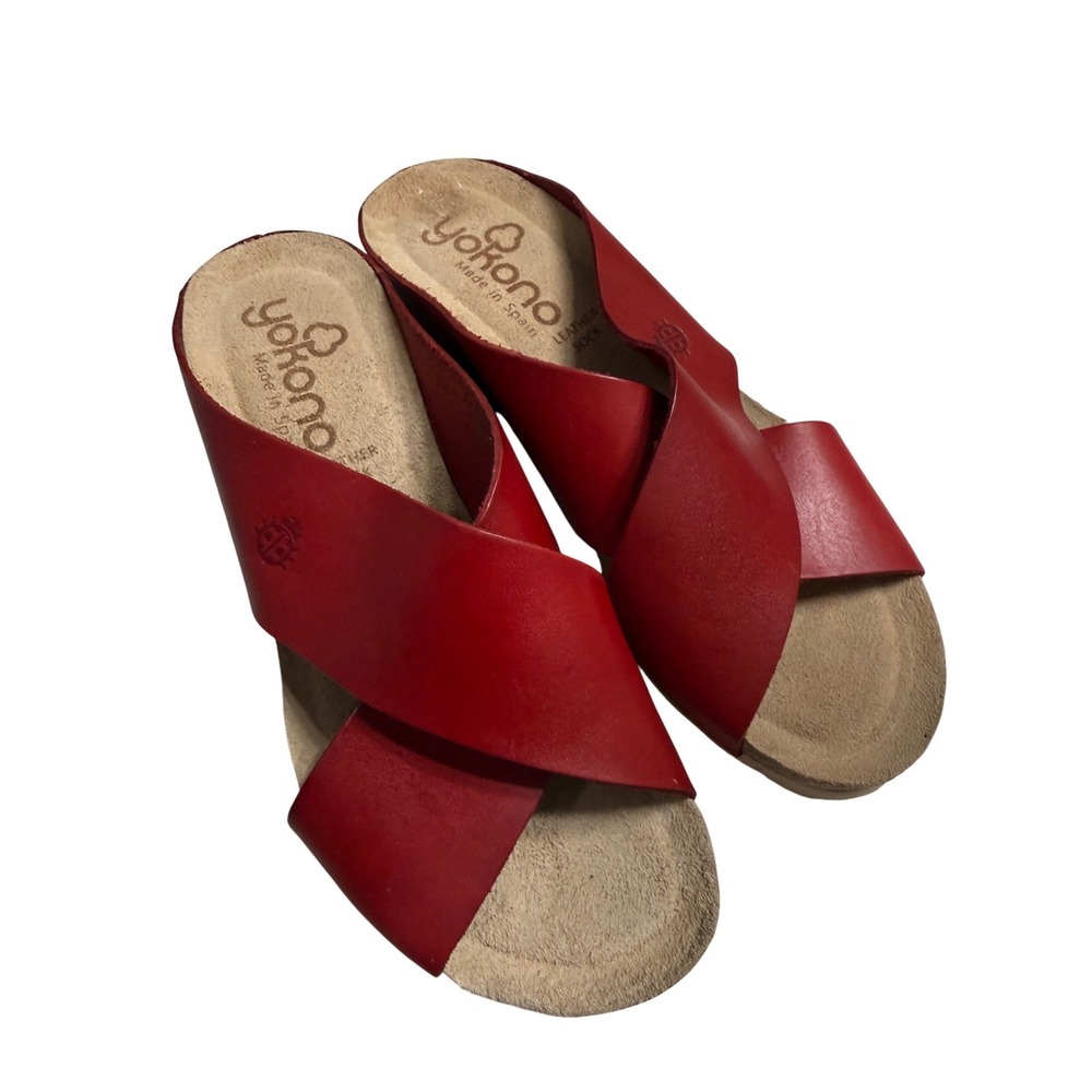 Yokono Slide Sandals Womens 7.5 Red EUC Spanish Leather Cork Wedge Platform